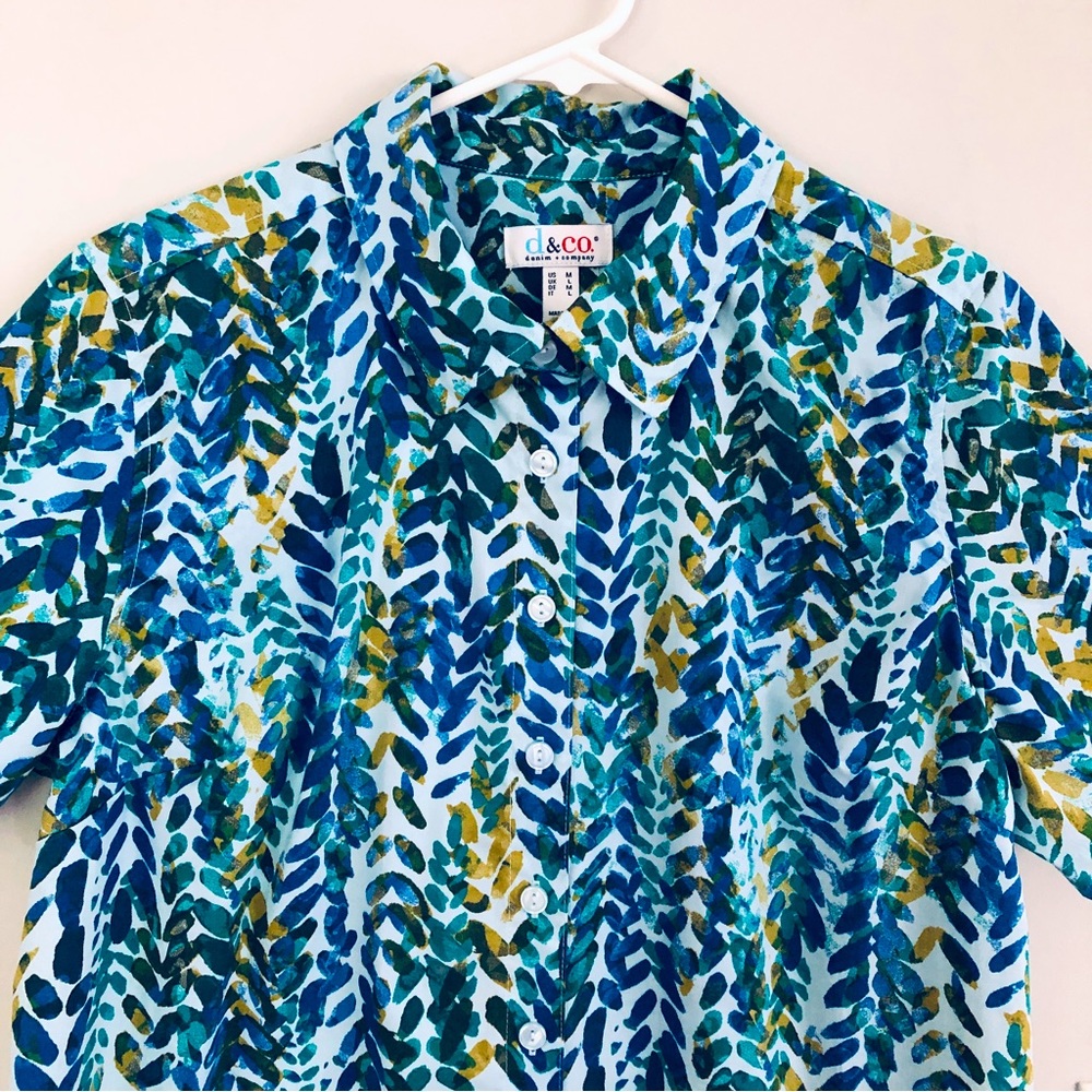 Denim & Co. Printed Button Front Shirt in Blue Leaf Multi, Size M - Picture 6 of 15
